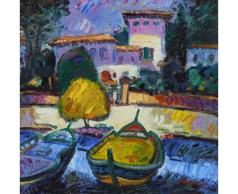 Φ Jo Hargan (Scottish b.1952)Boats at Port de Pollença, Mallorca Signed and dated Hargan/94 (lower right)Oil on canvas51 x 51