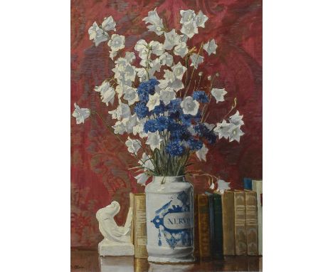 Dermod O'Brien (Irish 1865-1945)Still life of books and flowers in a drug jarSigned D.OBrien (lower left)Oil on canvas61.2 x 