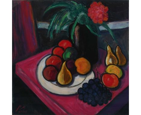 Φ Peter Collis (1929-2012)Still life with fruit and flowers on a tabletopSigned PCollis (lower left)Oil on canvas76.4 x 76.4c