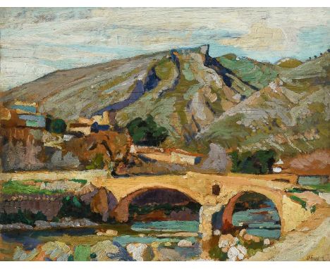 Φ John Anthony Park (1880-1962) A Roman bridge, Pollensa, MallorcaSigned JAPARK (lower right)Oil on board32.8 x 40.6cmProvena