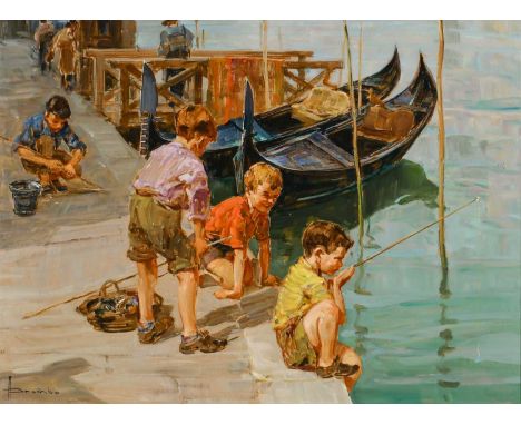 Φ Angelo Brombo (Italian 1893-1962)Fishing on a Venetian canalSigned Brombo (lower left)Oil on canvas58.3 x 79cmProvenance:Ch
