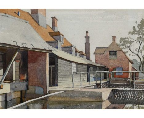 Φ Veronica Burleigh (1909-1999)View of a mill under grey skiesSigned VERONICA/BURLEIGH (lower right)Pencil and watercolour24.