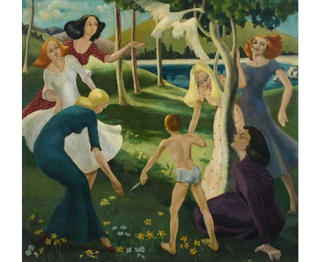 Follower of Stanley Spencer Figures and swan in a wooded glade Oil on panel 96.5 x 101.5cm  Provenance: The collection of Pam