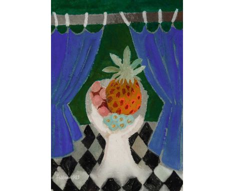 Φ Mary Fedden OBE, RA, RWA (1915-2012)Still life with fruit between two curtainsSigned and dated Fedden 1983 (lower left)Wate