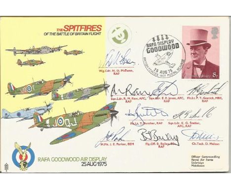 Spitfires of the Battle of Britain Memorial Flight cover. Signed by nine BBMF pilots inc. Sqn Ldr Raw AFC, Sqn Ldr Jones AFC,