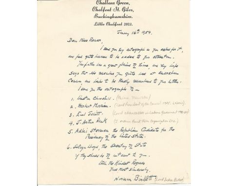 Nuremberg Trials judge Norman Birkett signed hand written letter 1954 to an autograph collector. Nice details about his own c