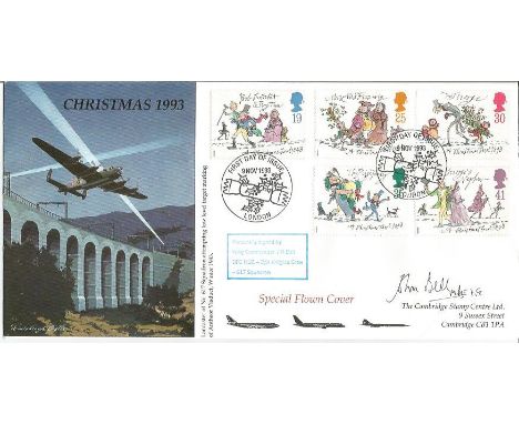 Wg Cdr J Bell DFC signed Christmas 1993 FDC. Cover designed: Lancaster of 617 Sqn., attempting low level target marking of th