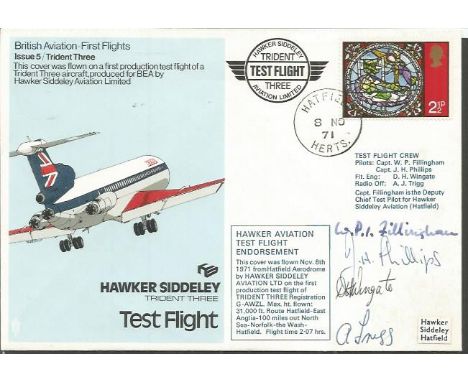 Trident Three Test Flight cover 1971 Signed by the flight crew Pat Fillingham, Phillips, Wingate and Trigg signed Hawker Sidd