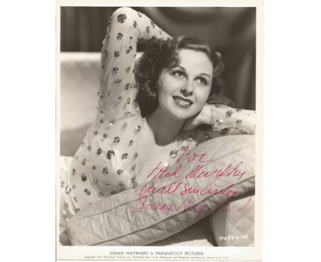 Susan Hayward signed 10 x 8 Paramount Pictures/w portrait photo, dedicated. Good condition. All signed items come with our ce