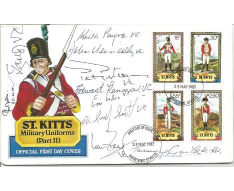 Ten Victoria Cross winners signed 1983 St Kitts Military Uniforms FDC. Signed by G Lama VC, G Norton VC, K Payne VC, J Kennea