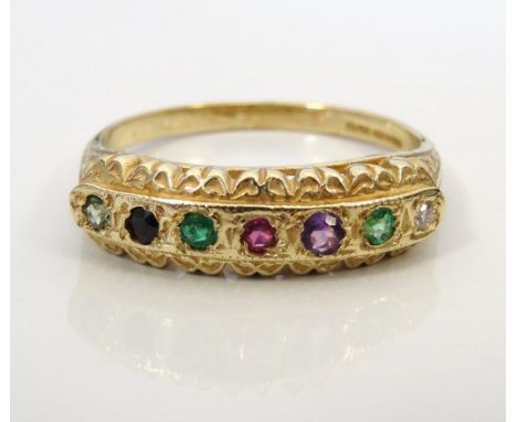 GEM SET ACROSTIC 'DEAREST' RINGset with the following sequence of stones: diamond, emerald, amethyst, ruby, emerald, sapphire