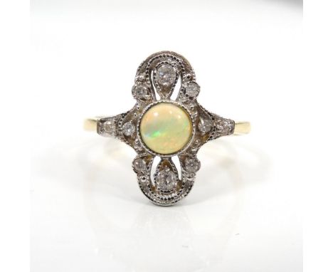 ART DECO STYLE OPAL AND DIAMOND PLAQUE RINGthe central round cabochon opal in multi diamond surround, on eighteen carat gold 