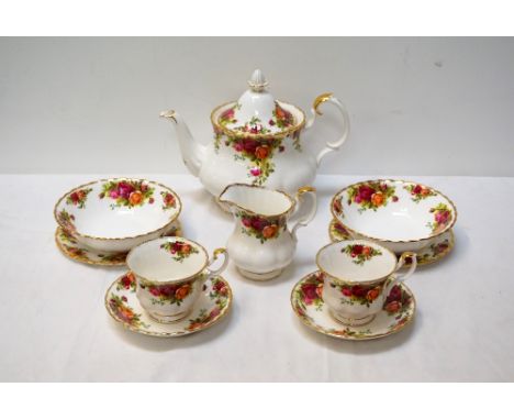 ROYAL ALBERT OLD COUNTRY ROSES TEA SERVICEcomprising tea pot, two tier cake stand, sandwich plate, six tea cups and saucers, 