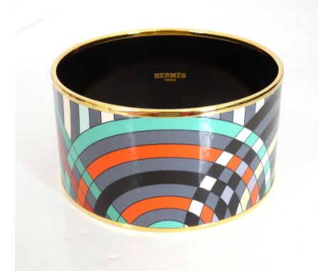HERMÉS PRINTED ENAMEL BANGLEthe extra wide bangle with geometric designs in grey, black, cream, orange, turquoise, coral, ter