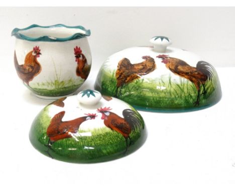 SELECTION OF BROWN COCKEREL AND HEN DECORATED WEMYSS WARE ITEMScomprising a large muffin dish domed cover, the underside with