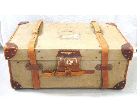 'CLEGHORN OF EDINBURGH' VINTAGE TRAVELLING TRUNKcovered in canvas with leather reinforced corners, straps and side carrying h