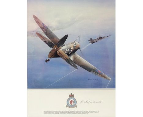 WWII ROYAL AIR FORCE INTEREST'602 City of Glasgow Squadron', a colour print of a Spitfire attacking a Junkers 88, and signed 