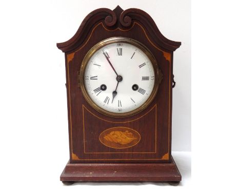 EDWARDIAN BRACKET CLOCKwith shaped and painted wooden case, black Roman and Arabic numerals on white enamel dial, the chiming