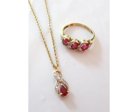 RUBY AND DIAMOND DRESS RING AND MATCHING PENDANTthe ring in nine carat gold and ring size K, the pendant also in nine carat g