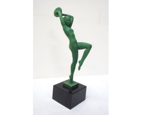 PIERRE FAYRAL GUERBEan Art Deco green patinated bronzed figure of a dancing girl, Esmeralda, on a square black marble base, 2