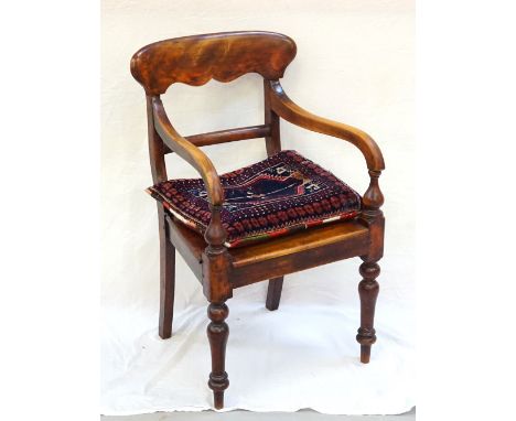 WILLIAM IV MAHOGANY OPEN ARMCHAIRwith a shaped top rail and central curved bar with shaped arms on turned supports above a pl