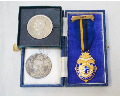 VICTORIA CROWNdated 1892, George VI crown 1951 with box, and a 'Strathallian Club President' silver gilt and enamel medal dat