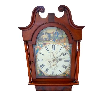 VICTORIAN MAHOGANY LONGCASE CLOCKwith a painted arched dial depicting 'Burns At Plough', the four corners with painted figure