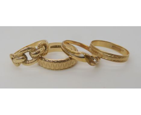 A 9ct link ring size O1/2, two 9ct wedding rings sizes R and P1/2 and a further gold plated  ring, weight of the three gold r