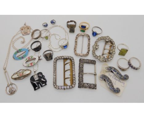 A pair of Russian silver and Niello belt clips marked St Petersburg 1880, together with decorative buckles, a silver and enam