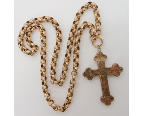 A Victorian engraved yellow metal cross dimensions 5.6cm x 3.7cm, together with a vintage facet cut belcher chain with solder
