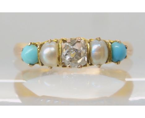 A bright yellow metal vintage ring set with an old cut diamond of approx 0.17cts, pearls and turquoise, finger size L, weight