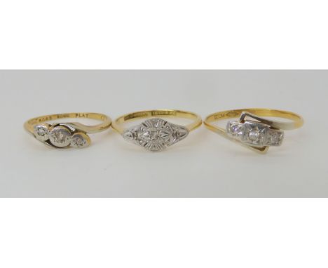 Three vintage 18ct gold diamond accent rings, sizes as photo K1/2, M and P, combined weight 5.4gms Condition Report: Availabl