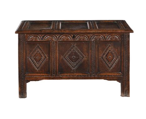 AN OAK TRIPLE PANEL COFFERLATE 17TH CENTURY70cm high, 115cm wide, 53cm deep