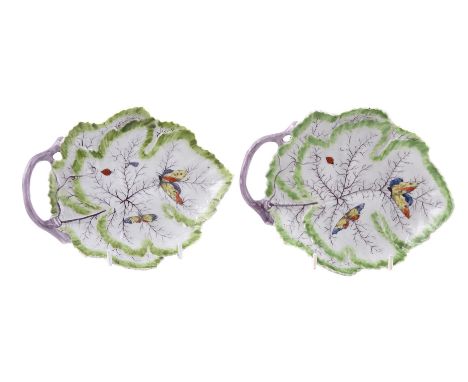 TWO SIMILAR WORCESTER POLYCHROME LEAF DISHESCIRCA 1770Decorated with insects, unmarked, old paper collection labels, possibly