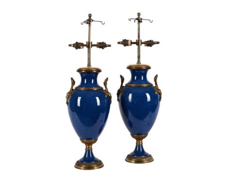 A PAIR OF FRENCH BLUE GLAZED CERAMIC AND GILT METAL MOUNTED TABLE LAMPS20TH CENTURY65cm high overall including fitments and s