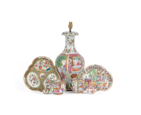 A COLLECTION OF VARIOUS CANTONESE FAMILLE ROSE  To include, a 19th century shaped tray, 26.5cm diameter, a two handled cup an