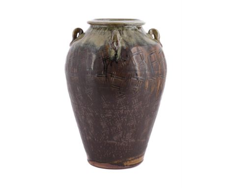 λ MIKE DODD (BRITISH B. 1943), A LARGE STONEWARE BROWN AND ASH GLAZED VASE WITH FOUR LUG HANDLESImpressed MD seal40cm high Pr