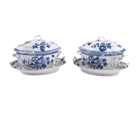 A PAIR OF WORCESTER BLUE AND WHITE SMALL TUREENS, COVERS AND STANDSCIRCA 1770Printed with the so-called 'Chrysanthemum and Ro