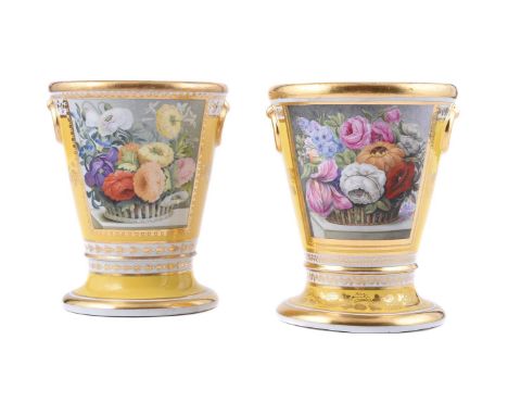 TWO SIMILAR FLIGHT & BARR WORCESTER YELLOW-GROUND PLANTERS AND WATER STANDS, PAINTED WITH PANELS OF FLOWERSCIRCA 1800One with