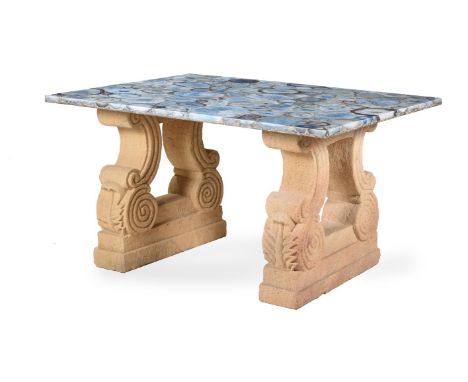 TWO AGATE SLICE TABLES OF RECENT MANUFACTUREComprising a low table and a console table, each with resin and agate tops above 