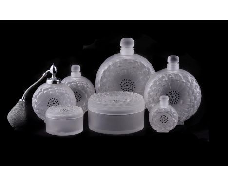 LALIQUE, CRYSTAL LALIQUE, DAHLIA, A SUITE OF OPAQUE GLASS DRESSING TABLE ITEMSMODERNComprising a set of three graduated scent