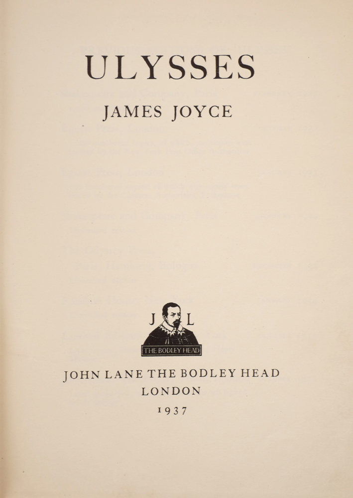 Joyce, James. Ulysses. Bodley Head 1937 John Lane The Bodley Head ...