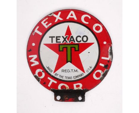 1930s Texaco petrol pump enamel decal. A circular, double-sided, enamel sign from a hand operated "stick" pump. The red borde