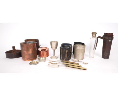 Victorian campaign canteen and stove. A six piece canteen of knife, fork, spoon, condiment cellar and cup in fitted leather c