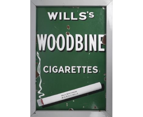 Enamel sign, 'Wills's Woodbine Cigarettes'. A rectangular enamel sign, the dark green background with white text, 'Wills's Wo