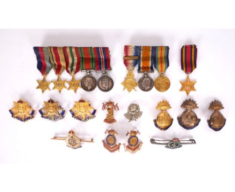 Miniature medals and sweetheart badges. A WWI miniature trio; a WWII miniature group of five and collection of twelve gilt me