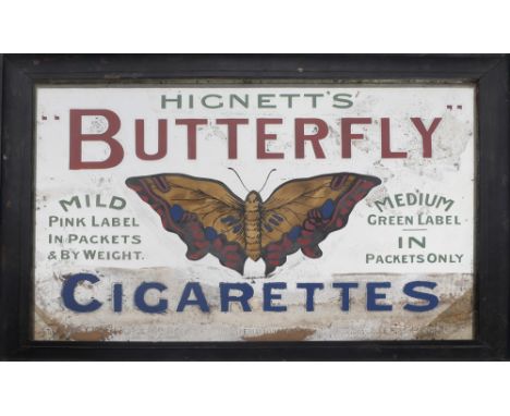 Advertising mirror, Hignett's 'Butterfly' Cigarettes. The glass centred by an enamel butterfly, in contemporary frame. 21.25 