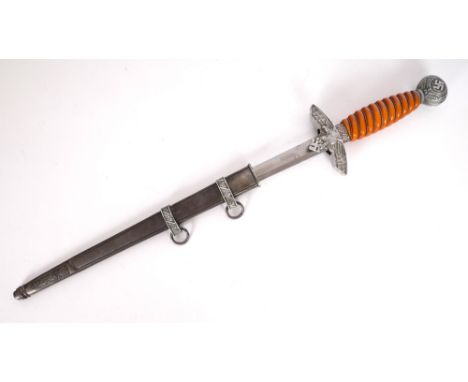 A German Luftwaffe officer's dagger. Second pattern, by Anton Wingen Jr, the double edged blade over eagle hilt and wire boun