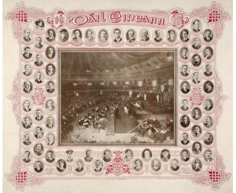 1919 Dail Eireann poster. A poster, centred with a photograph of the sitting of the first Dail in the Mansion House, Dublin a
