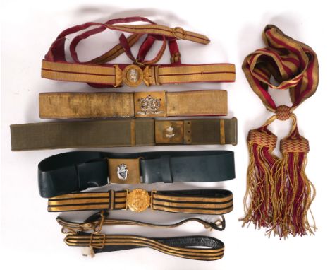 Military uniform belts. A collection of levee and parade uniform belts and a sash. (6) 